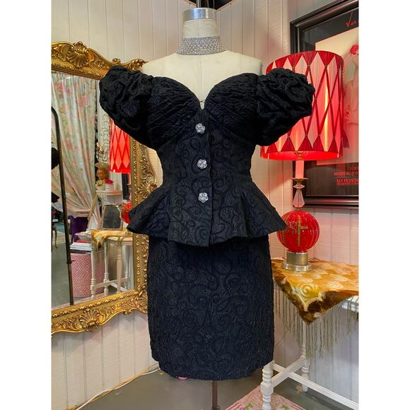 vintage 1980s black brocade 2 piece cocktail suit raul blanco s/m statement 80s - Picture 12 of 13